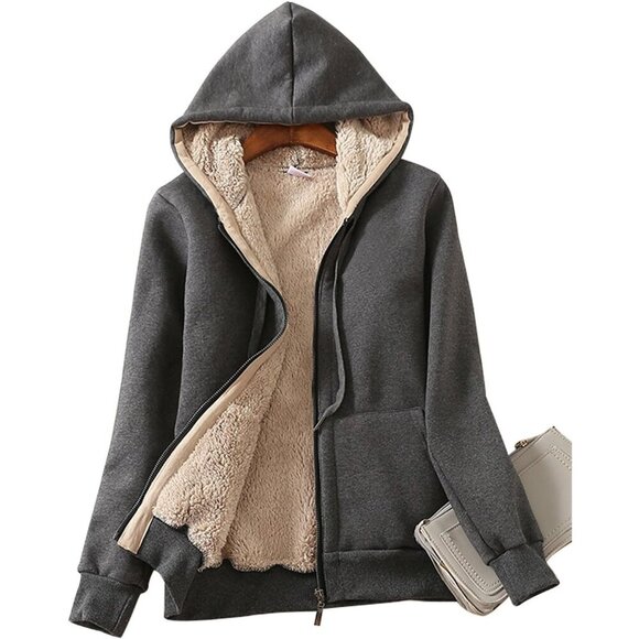 Women's Dark Grey Casual Full Zip Sherpa Lined Hoodie Sweatshirt Jacket Coat